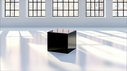 A single, glossy black cube sits in the center of a bright, minimalist room with large industrial-style windows.