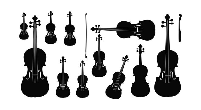 Silhouettes of various stringed instruments including violins and cellos