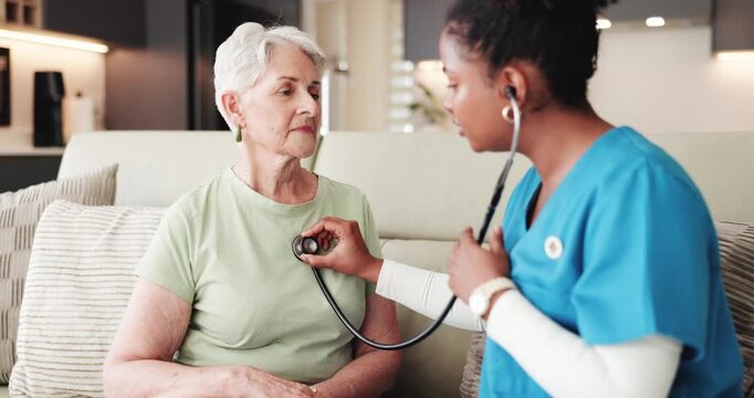 Stethoscope, caregiver or senior woman on couch for medical evaluation, breathe or monitor heart rate. Retirement, exhale or people in nursing home for health check, lung function assessment or tool