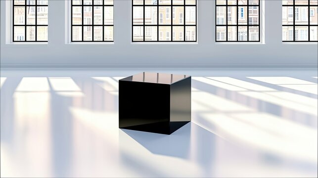 A single, glossy black cube sits in the center of a bright, minimalist room with large industrial-style windows.