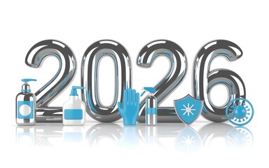 New year 2026 with sanitizer glove shield and virus safety health care concept
