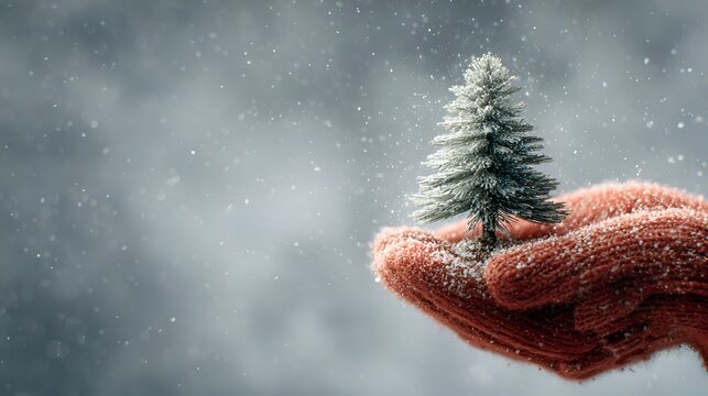 Holding a miniature Christmas tree in red knitted mittens as snowflakes fall creating a festive holiday feeling and winter wonderland scene.
