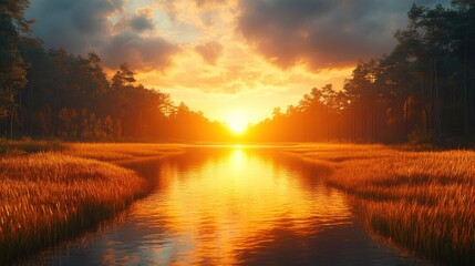 Golden sunset over a lake in a forest