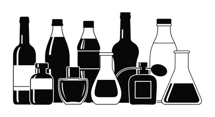 A collection of black and white silhouettes of bottles and glassware