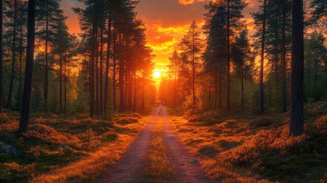 Golden sunset path through forest - Powered by Adobe