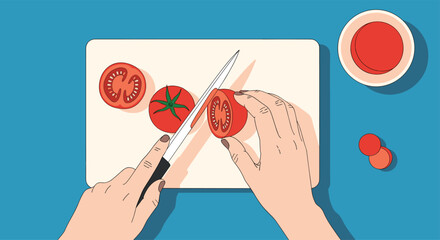 Top-down illustration of hands slicing fresh red tomatoes on a cutting board a scene of healthy cooking and food preparation.