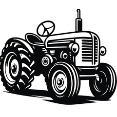 Classic Black and White Farm Tractor Silhouette Vector Illustration