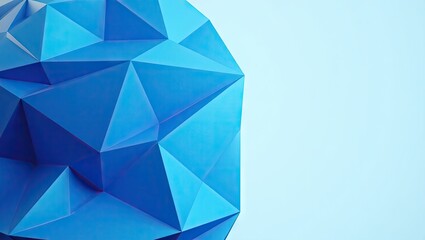 Abstract design showcases a geometric composition featuring a blue, multifaceted form with a complex arrangement of triangular facets against a light blue backdrop, creating a modern, minimalist...