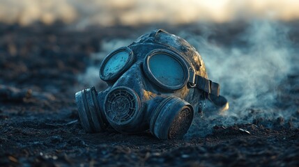 Grim gas mask on scorched earth