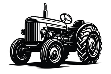 Classic Black and White Farm Tractor Silhouette Vector Illustration