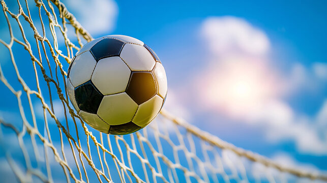 Spectacular soccer goal against a brilliant blue sky, capturing the thrill and excitement of victory for sports enthusiasts everywhere