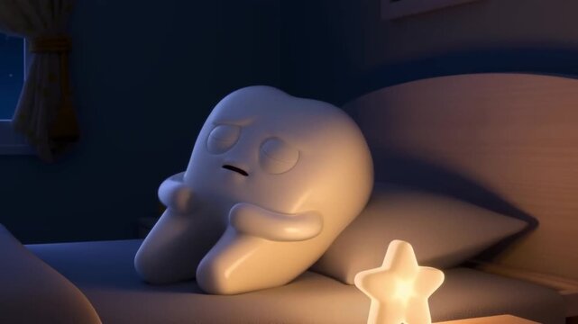 A sleepy tooth character turns on a star nightlight. Comforting 3D animation for dental clinic care messaging.