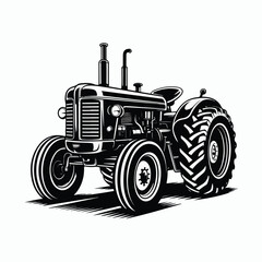Classic Black and White Farm Tractor Silhouette Vector Illustration