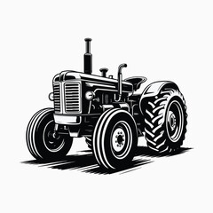 Classic Black and White Farm Tractor Silhouette Vector Illustration