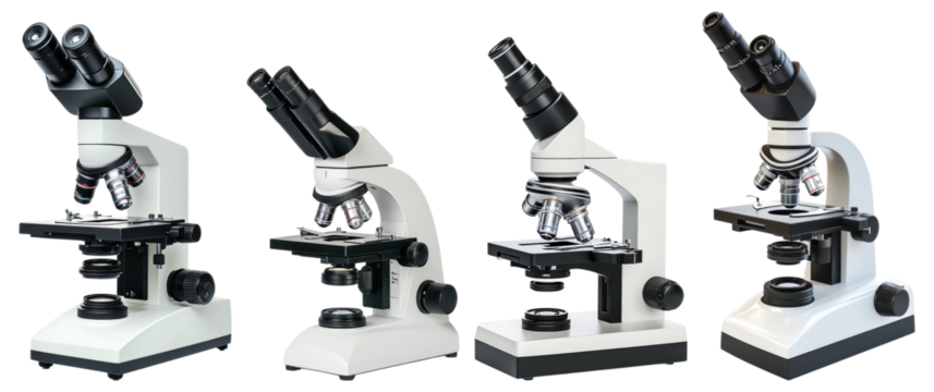 Collection of Laboratory Microscopes for Scientific Research, Isolated on Transparent Background