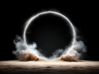 A bright, circular vortex of dust and glowing particles swirls upwards from a sandy ground against a stark black background.