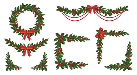 A festive collection of Christmas holly decorations including a wreath garlands and corner elements with red bows and berries.