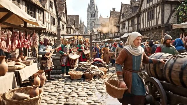 Busy medieval market scene with vendors and shoppers