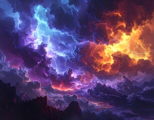Epic celestial panorama of fiery, electric clouds erupting over shadowed, rocky terrain