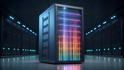 Illuminated server rack with colorful lights in a dark data center