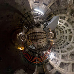 Tiny Planet: inside a subway tunnel tracks and cable runs