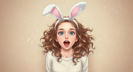 Fototapeta premium Unexpected Delight: A young woman, adorned with whimsical bunny ears, embodies surprise and joy. Captured in a dynamic illustration, the image highlights her wide-eyed wonder and cheerful spirit.