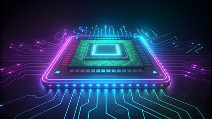 Futuristic microchip processor with neon blue and purple circuitry glow