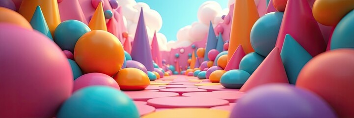 Whimsical landscape presented with an array of pastel-colored geometric shapes creates a playful composition, showcasing spheres, cones, and cylinders arranged in a dreamlike environment, emphasizing.
