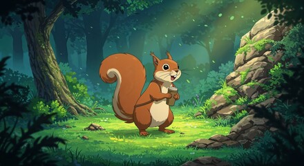 Squirrel in the Forest: A charming squirrel stands poised amidst the serene tranquility of a lush forest, bathed in the soft glow of sunlight