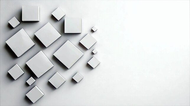 A collection of white squares of different sizes are arranged on a white background, creating a minimalist and modern abstract design.