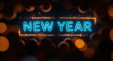 Celebration of New Year: Illuminated “NEW YEAR” in striking neon font amidst a soft bokeh backdrop, a visual embodiment of hope and excitement for fresh beginnings.