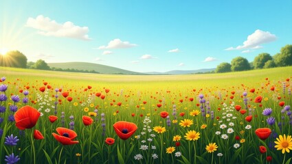 Serene landscape showcases a vibrant meadow filled with colorful wildflowers and lush green grass under a bright blue sky dotted with fluffy white clouds.
