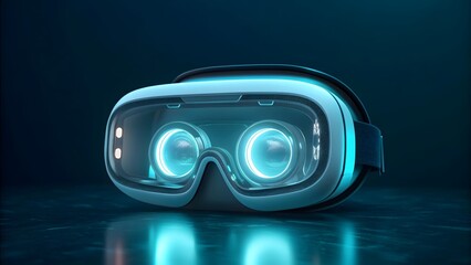 Futuristic virtual reality headset glowing with neon blue light on dark background