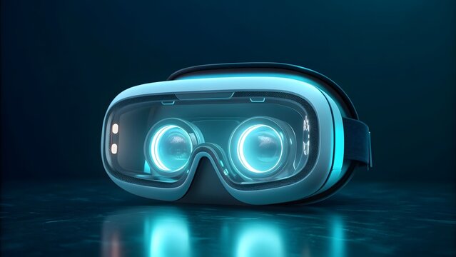 Futuristic virtual reality headset glowing with neon blue light on dark background
