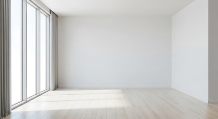 Obraz premium Empty bright room with large windows and wooden floor