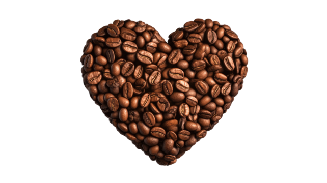 Heart shape made of roasted beans arranged into detailed coffee pattern forming romantic culinary motif isolated on white background