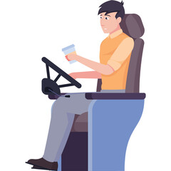 Man in Orange Shirt and Gray Pants Holds Coffee Cup While Sitting in a Car Seat with Steering Wheel and Transparent Background