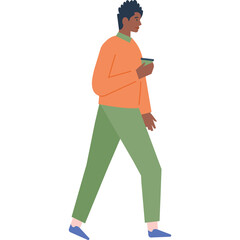 Man In Orange Sweater And Green Pants Walking With Coffee Cup On Transparent Background Minimalist Style