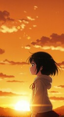 Golden Hour Contemplation: An anime-style character silhouetted against a radiant sunset sky, evoking a sense of tranquility and introspection.