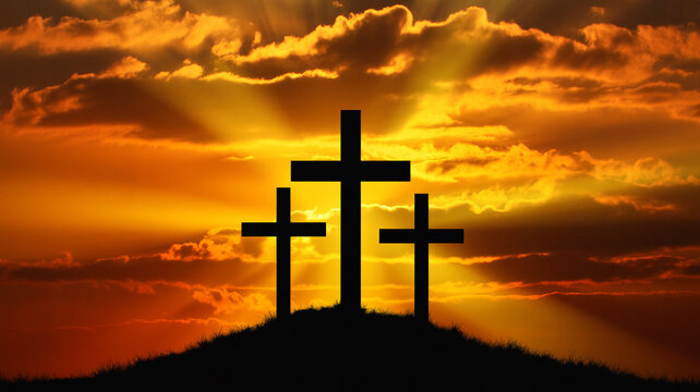 Three Crosses on a Hill Silhouetted Against a Glowing Sunset Sky