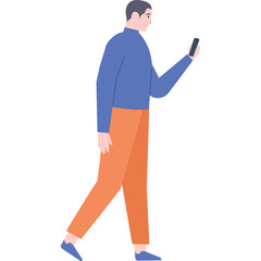 Man Walking While Looking at Smartphone in Blue Shirt and Orange Pants Casual Outfit