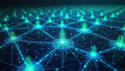 Fototapeta premium Illuminated futuristic network featuring connected glowing nodes, connected by lines, emitting light, highlighting the interconnectedness of data, with an overall teal and dark blue color scheme,...