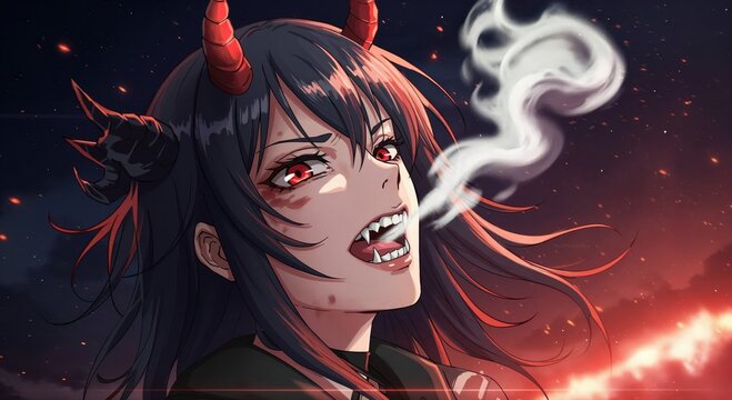 Fiery Demoness: An anime-inspired character with horns, capturing a fierce, bold spirit in a realm of smoke.