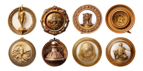 Decorative Round Wall Plaques in Gold and Bronze Finish Collection, isolated on transparent background