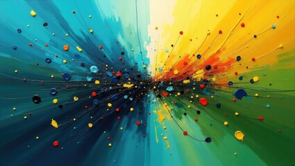 Expressive and dynamic abstract artwork featuring vibrant colors, brushstrokes, and splatters forming a burst-like composition against a light-colored background.