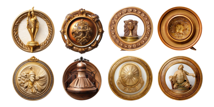 Decorative Round Wall Plaques in Gold and Bronze Finish Collection, isolated on transparent background