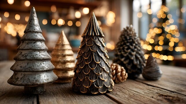A collection of decorative Christmas tree ornaments are displayed on a rustic wooden table with a warm, inviting holiday background setting.