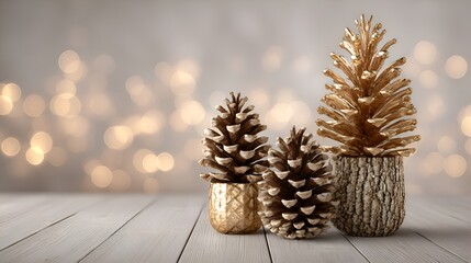 Three golden pine cones arranged on a white wooden surface with soft bokeh lights creating a festive holiday atmosphere indoors design.