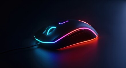 Gaming Mouse with LED Illumination: A gaming mouse glows with vivid LED lights against a dark backdrop, perfect for immersive gaming.