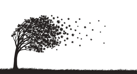 Obraz premium A black silhouette of a tree on a grassy hill with its leaves being blown away by a strong gust of wind on a white background.